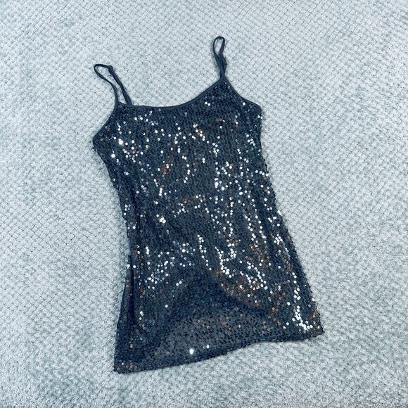 Vintage y2k babydoll coquette dark gray sparkly sequin spaghetti strap tank top - Picture 1 of 4